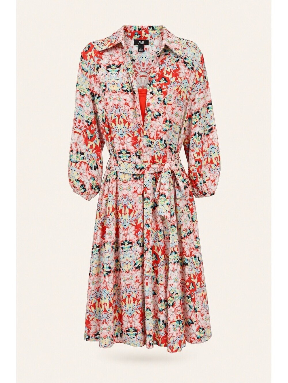 AGB Vibrant Multi-Color Floral button up shirt dress w/belt Size 10 Reg